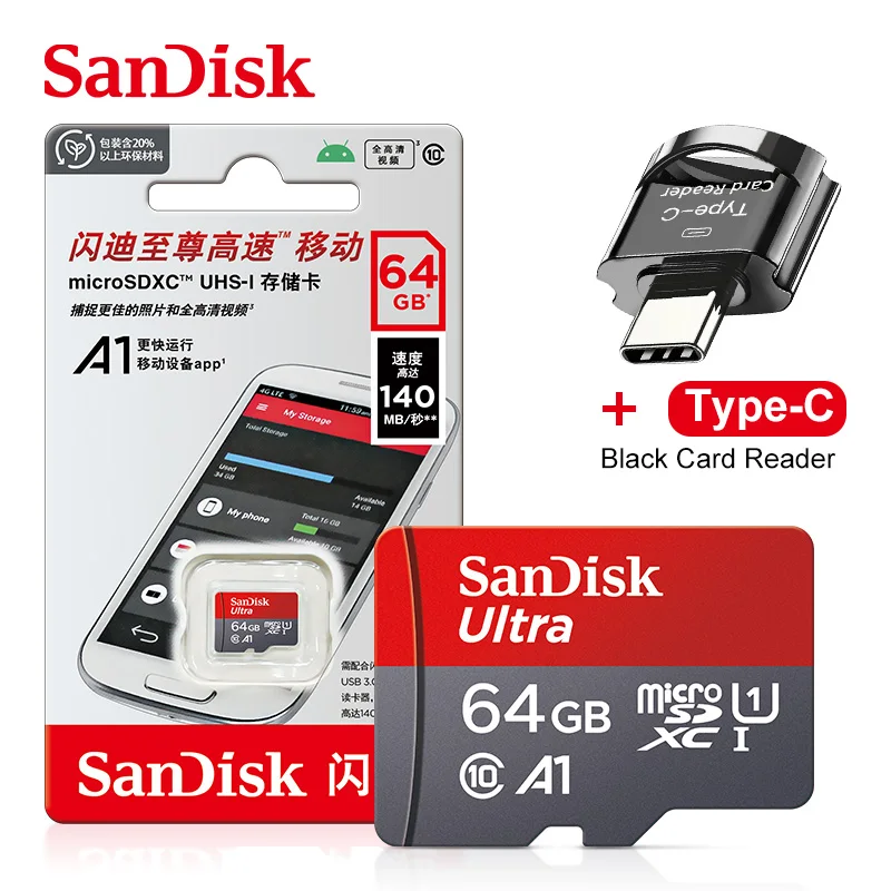 Original SanDisk A1 Speicherkarte 256 GB 128 GB 100 MB/S 64 GB 32 GB Micro-SD-Karte Klasse 10 UHS-1 Flash Microsd TF + Typ-C-Kartenleser 10