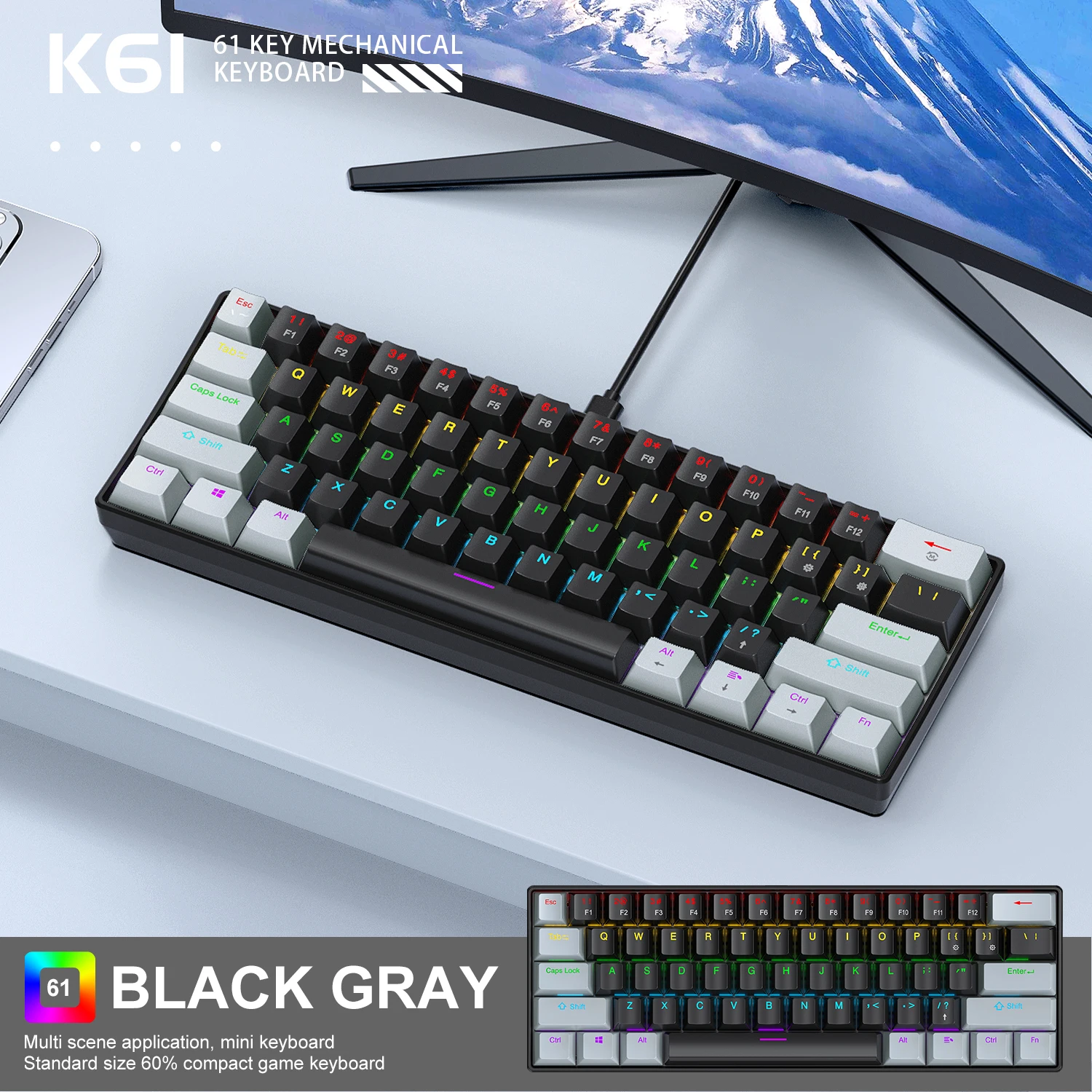 

K61 Mechanical Keyboard Wired Connection,RGB Backlighting,61-key Mini Keyboard,Suitable for Desktop Computers and Laptop