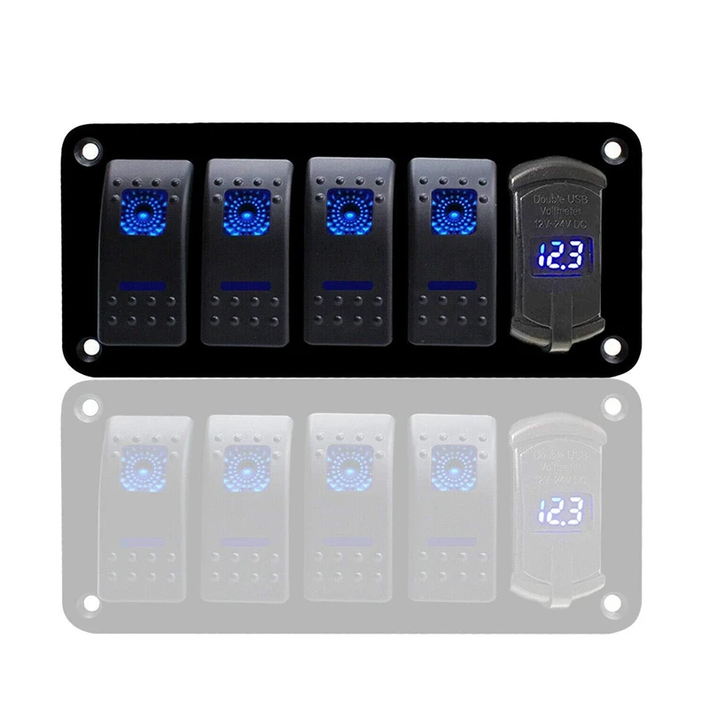 4 Gang Rocker Switch Panel - 5 Pin On Off Toggle Switch Blue LED Backlit Wiring Harness For Boat Car Marine ATV UTV