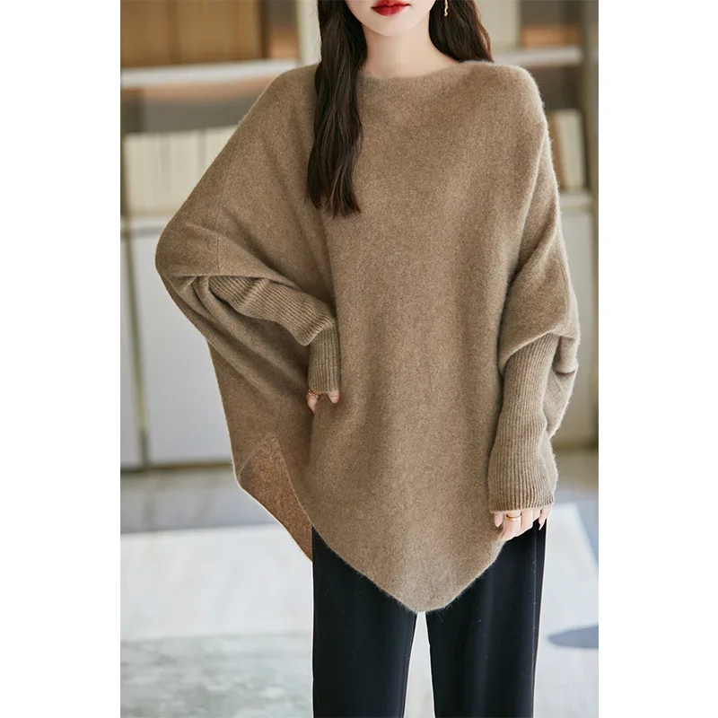 Ladies' temperament, triangular shawl, cashmere knit, one cut neck, solid color cape style, winter fashion, warm and cozy outfit