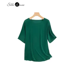 2024 Women's Summer Casual New 100% Natural Mulberry Silk 03 Crepe De Chine Green Round Neck Mid Sleeve Versatile T-shirt