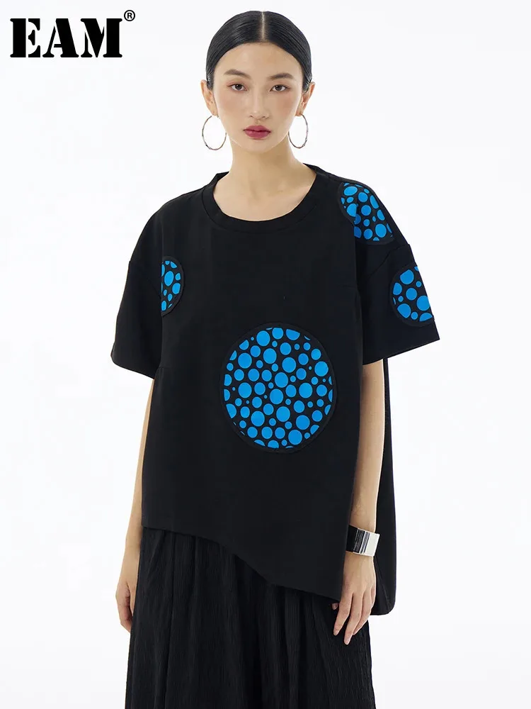 

[EAM] Women Black Dot Printed Big Size Casual T-shirt New Round Neck Short Sleeve Fashion Tide Spring Summer 2024 1DH6084