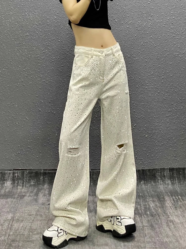 

Women's 2025 Summer High Waist Denim Trousers Starry Sky Hot Diamond Hole Jeans Loose Versatile Straight Wide Leg Denim Pants