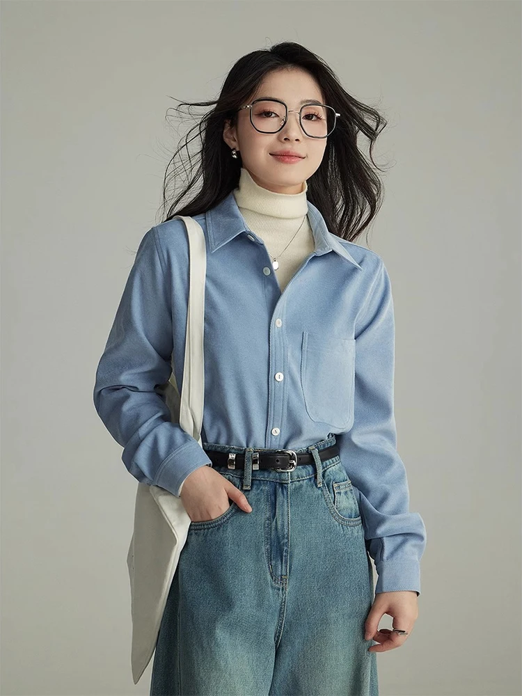 

Blue Fleece Lined Women's Casual Shirt Thickened Commute Style Autumn Winter New Arrival Early Spring Inner Wear Layering Top