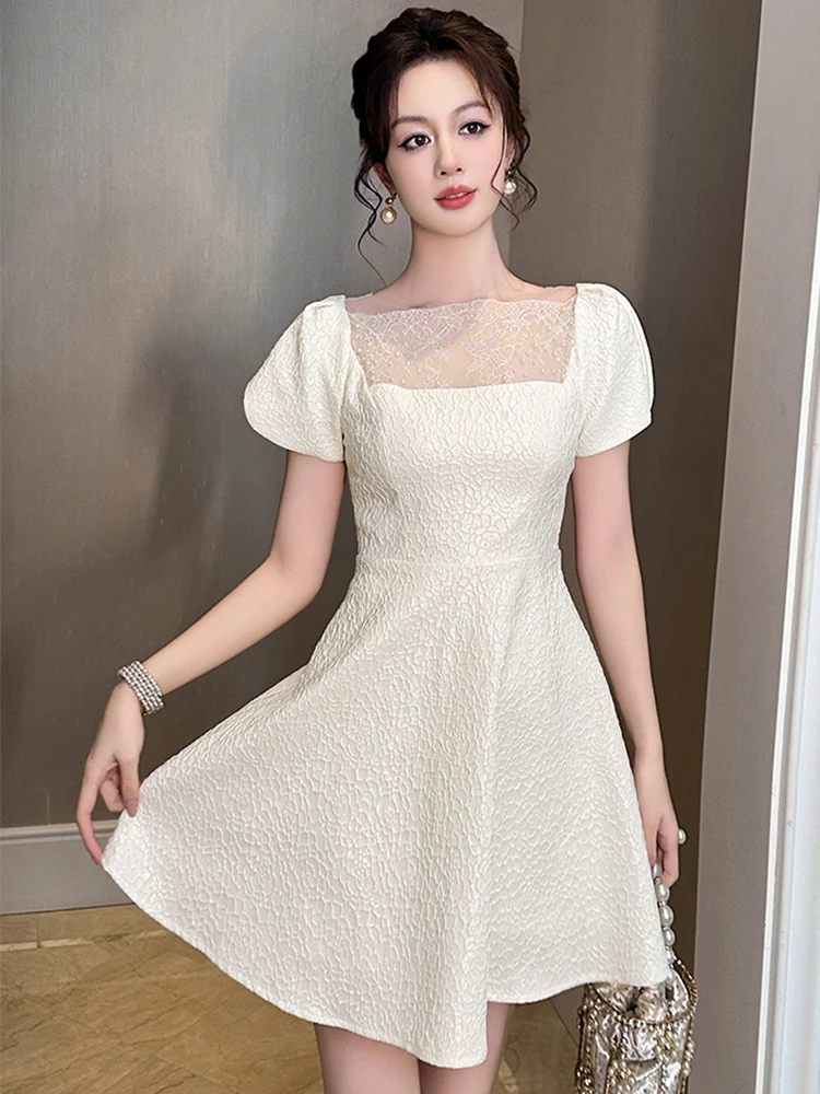 Elegante abito da festa di compleanno Kawaii Prospettiva carina da donna Maglia trasparente Splice Altalena Abito corto Donna Prom Data Abiti da strada