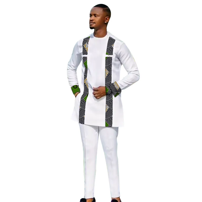 African Print Men\'s Long Shirts+Trousers Designer Customize Pant Sets Nigeria Fashion Male White Suits Plus Size Party Clothes