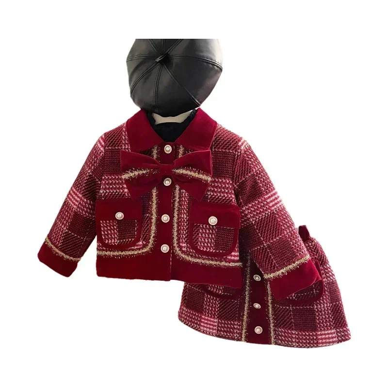 Girl\'s Suit Winter New Wine Red Plaid Girl\'s Small Fragrance Tweed Temperament Long Sleeve Coat + Cotton Skirt Suit