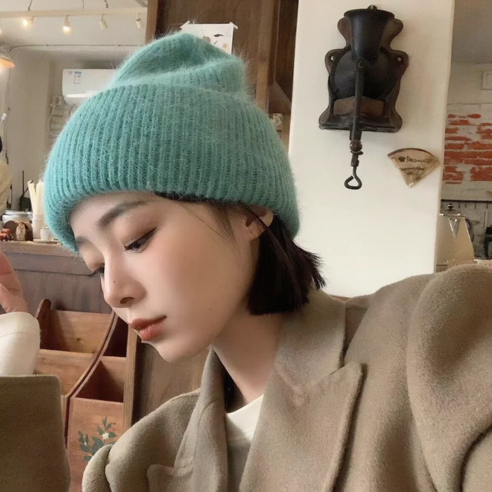 Casual Fashion Winter Beanie Cap Women Soft Knitted Hat Warm Ribbed Bonnet Elastic Solid Color Elegant Outdoor Headwear