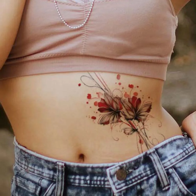 Red Flower Waterproof Temporary Tattoo for Waist and Arm, Long-Lasting, Realistic Fake Tattoo for Men and Women