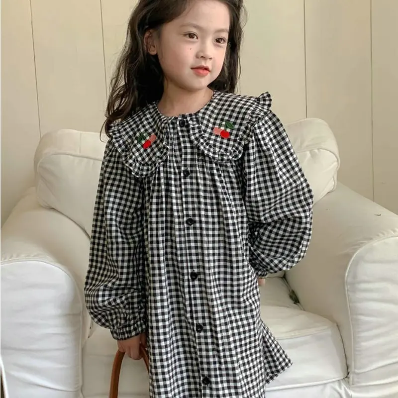 

Girls' dress with large collar, cherry plaid dress, princess dress26New Spring and Autumn Children's Clothing Wholesale
