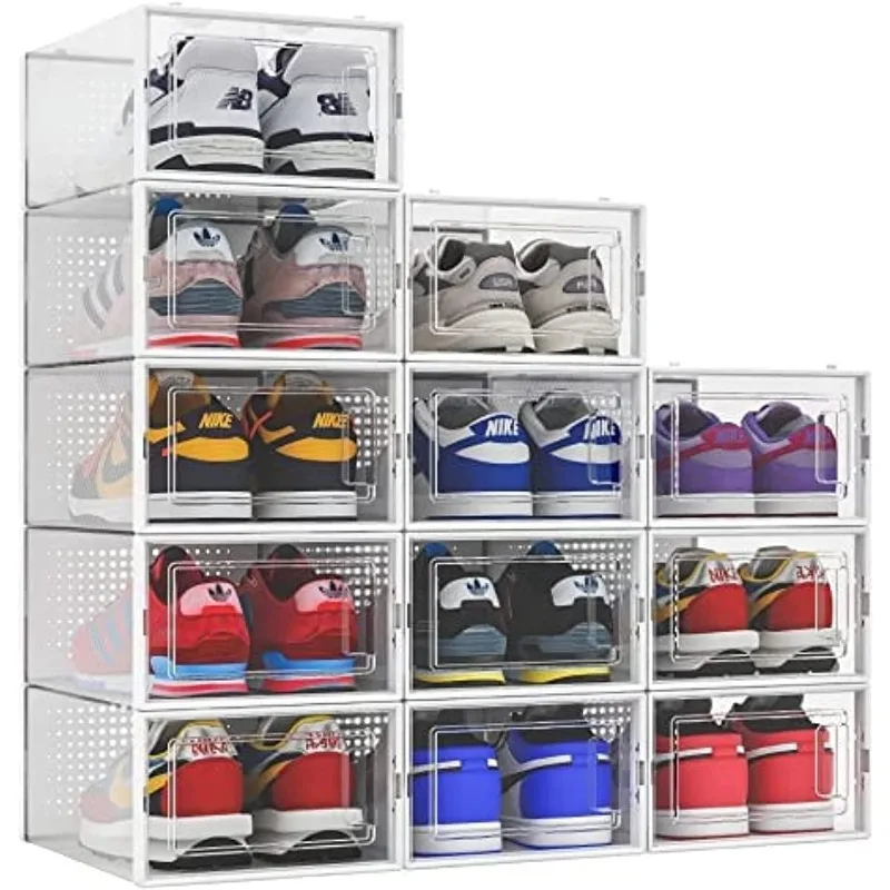 

12 Pack Shoe Organizer Storage Bins Clear Plastic Stackable Shoe Boxes for Closet, Space Saving Foldable