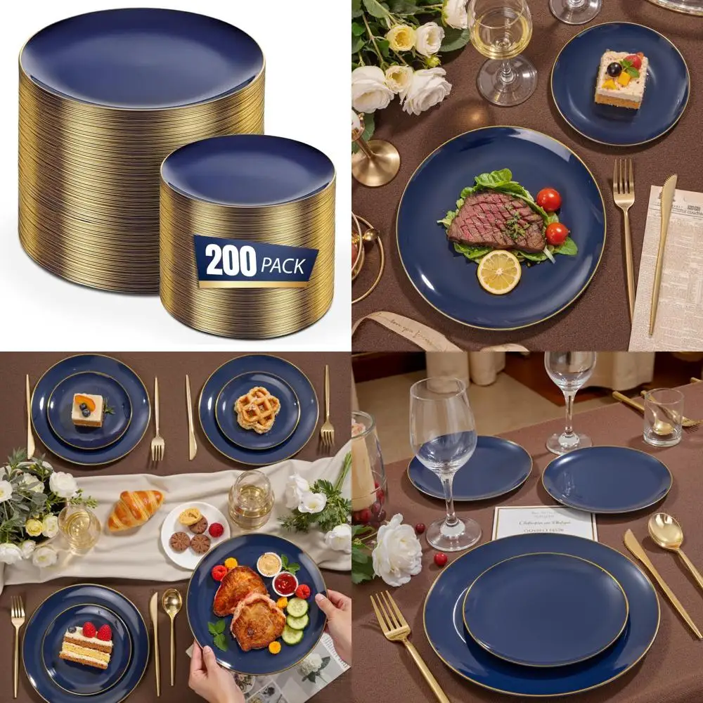 

Disposable Navy Blue Plates with Gold Rim - 200 Pack Including 100 10 Dinner and 7 Dessert Plates