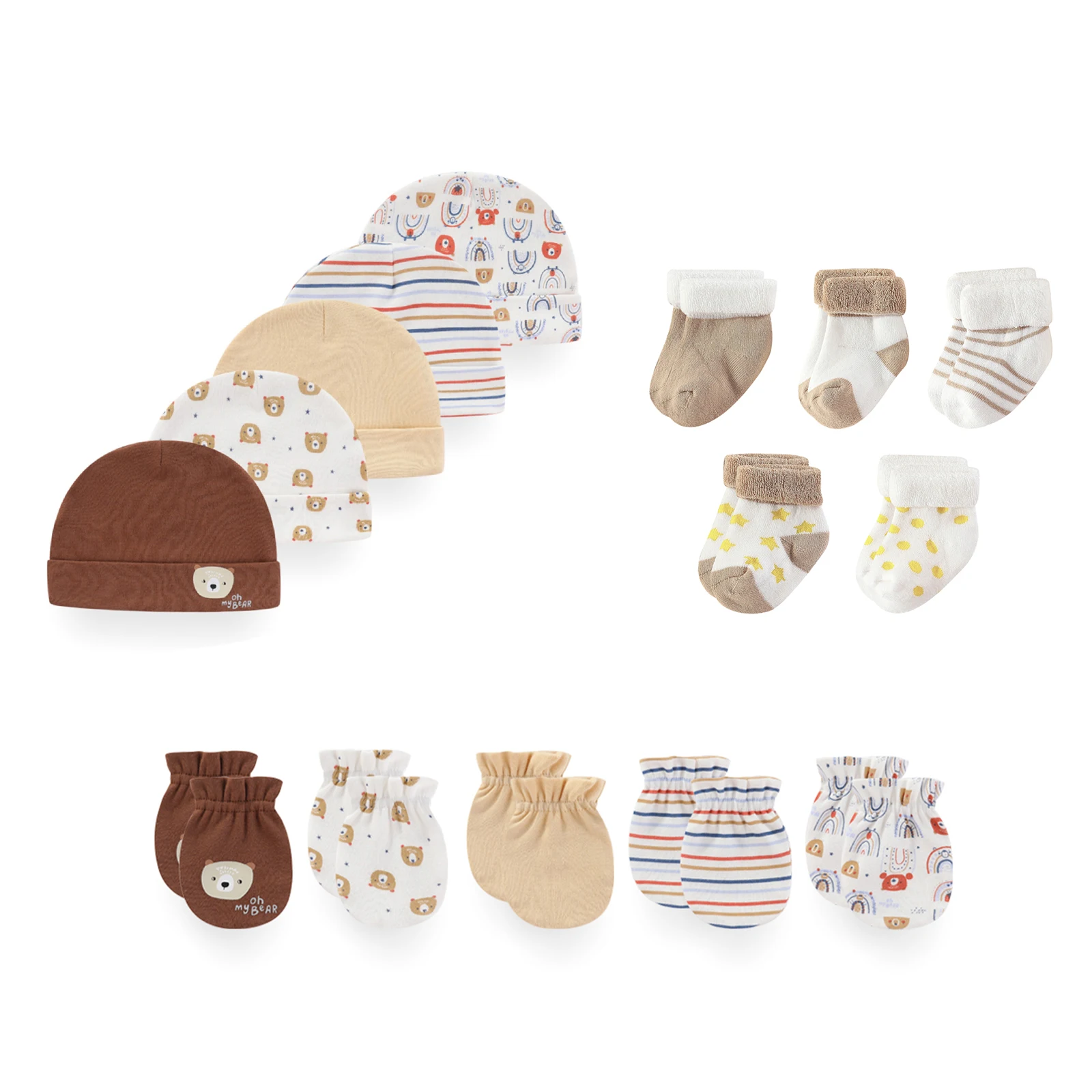 15Pieces 100%Cotton New Born Hats+Gloves+Socks Sets Cartoon 0-12M Baby Girl Boy Headwear Infant Supplies Accessories Solid Color