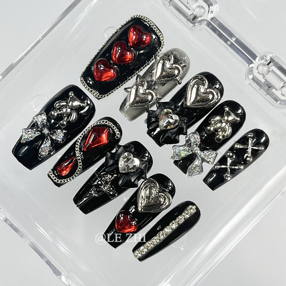 

Long Coffin Black Metal Punk Press on Nail Art Love Bow Diamond Star Chain Handmade Fake Nails Fashion Street Girl Party Gift