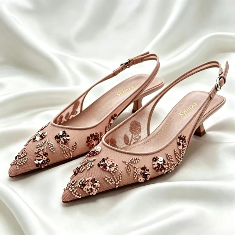 Novely Embroidered String Beads Mesh Women's Pumps Sexy Pointed Toe Kitten Heel Sandal Summer Luxury Designer Dress Heels Ladies