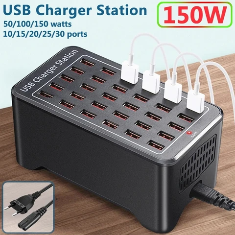 Carregador usb 10 15 20 25 30 portas hub 150w universal parede desktop estação de carregamento rápido doca para adaptador de alimentação do telefone móvel