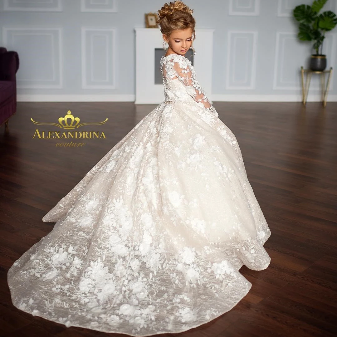 

FATAPAESE Flower Girl Dresses for Kids Vintage Princess White Gown Long Sleeve Illusion Lace Floral Tulle Wedding Even Party