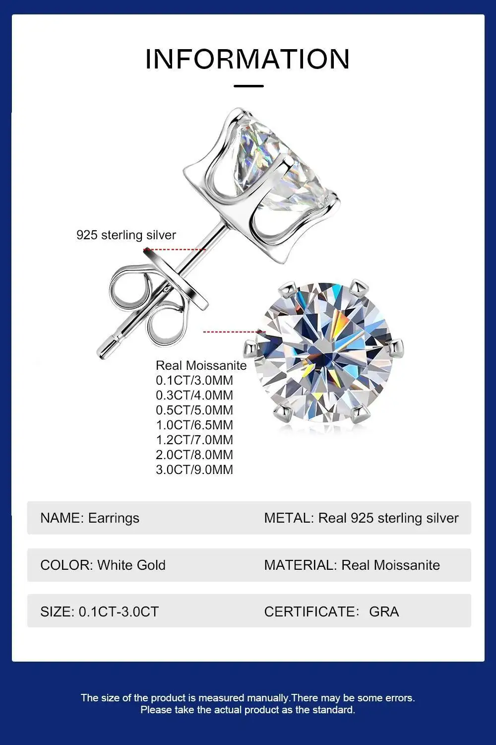 JoiasHome Ohrstecker aus 925er Sterlingsilber, 0,1–3 Karat, D-Farbe, Moissanit-Ohrstecker, funkelnder Piercing-Schmuck für Damen und Herren – Detail 1