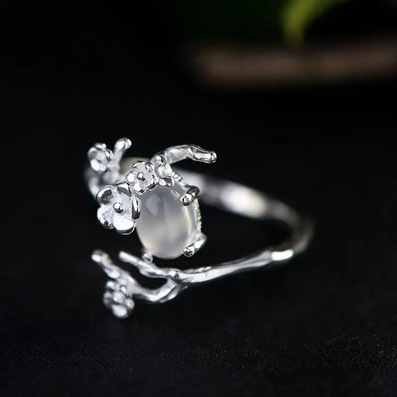 SNew silver original design inlaid moonlight white chalcedony plum opening adjustable women's ring to send a friend gift - Image 3