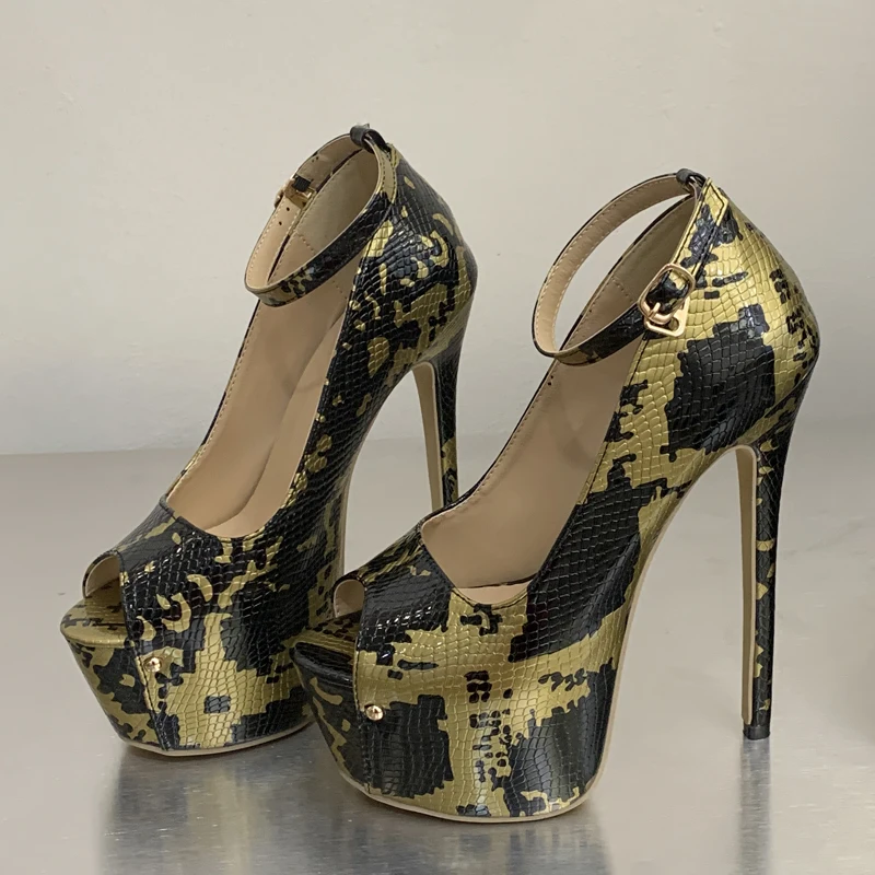 

Aneikeh Fashion Peep Toe Stone Patterned Designer Platform Ultra Thin High Heels Womens Pumps Buckle Strap Nightclub Prom Shoes