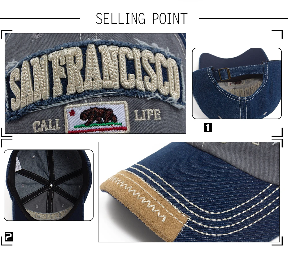 California Bear Baseballkappe für Herren und Damen, gewaschener Denim, Retro-Buchstabe, bestickte Mütze, Sommer, Hip-Hop-Snapback für den täglichen Gebrauch, lässig – Detail 2