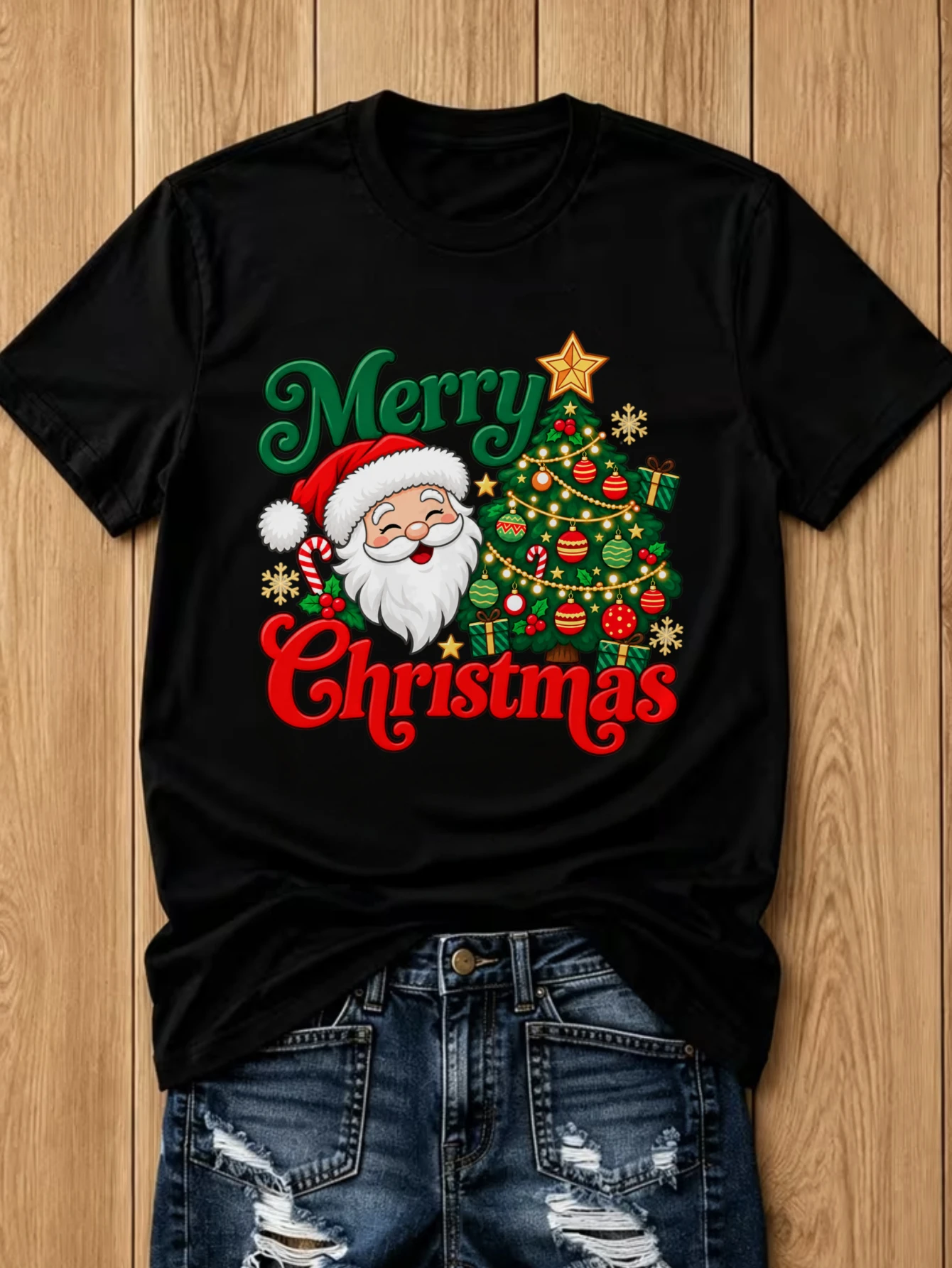 Women'S Fashion New Round-Neck Women'S All-Match Summer Autumn Casual Daily Basic Tops Merry Christmas Santa Claus Tree Pattern