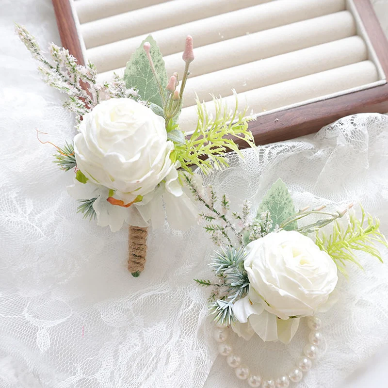 

25044 White Bohemian Rose Flower Corsage & Wristlet Set - Perfect for Brides, Groomsmen, and Wedding Decorations