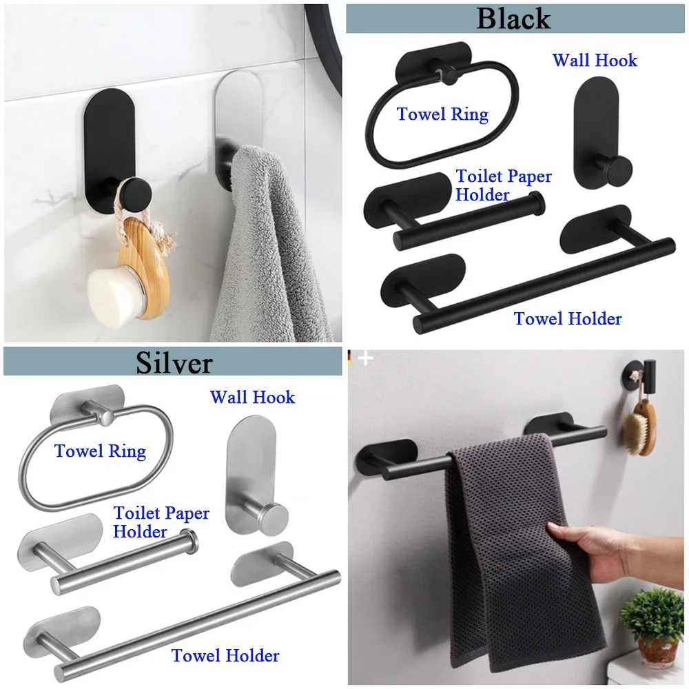 4Pcs/Set Towel Holder Toilet Paper Holder Bathroom Accessories Adhesive Hooks Wall Coat Hanger Kitchen Storages Napkin Dispenser