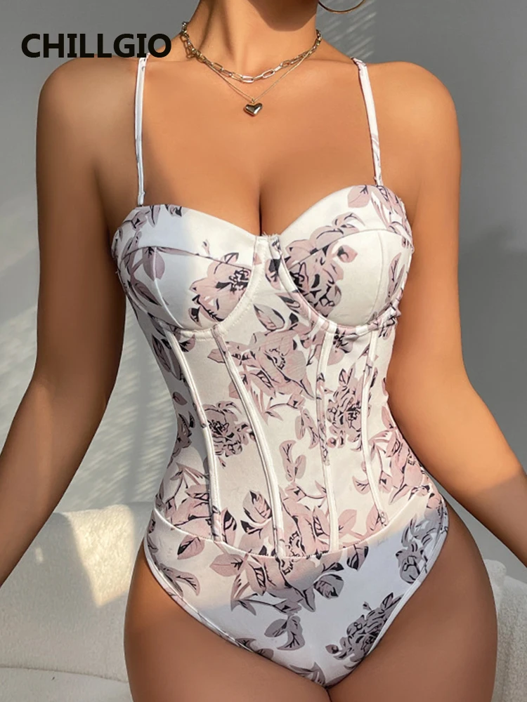 CHILLGIO Women Printed Strappy Bodysuits Tops Sexy Bodycon Shaping Adjustable Romper Jumpsuits Elegant Retro Playsuit Streetwear