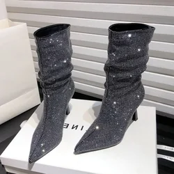 Luxury Rhinestone Pleated Design Elastic Women's Boots Sexy Pointed Toe Ankle Boots for Women Winter Warm Banquet High Heels