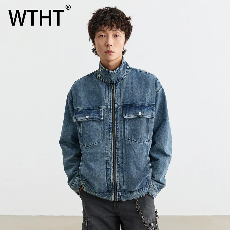 

WTHT винтажные мужские однотонные джинсовые пальто-карго со сращенными карманами, модные свободные куртки с отложным воротником, мужские осень 2023, 2A2333