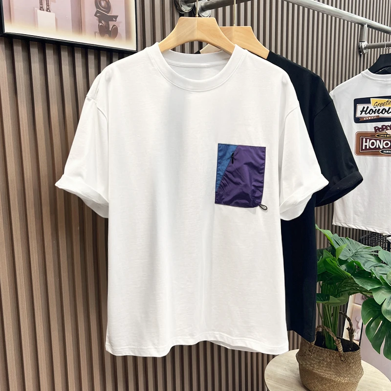 

Хлопковая футболка с коротким рукавом, мужская летняя новая американская повседневная свободная футболка, модные универсальные персонализированные черные футболки с круглым вырезом