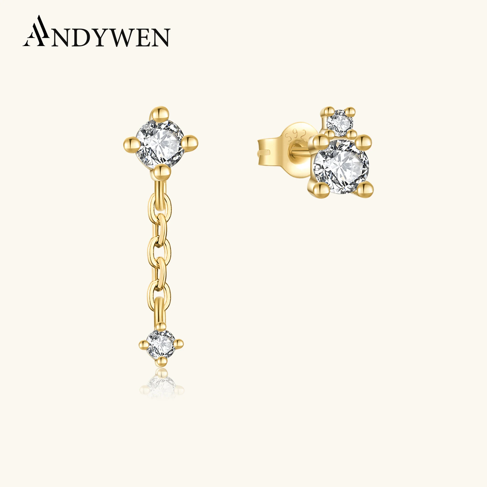 

ANDYWEN 925 Sterling Silver Gold Small Zircon Asymetric Stud Earring Piercing Tiny Fine Jewelry Women Crystal Luxury Clips