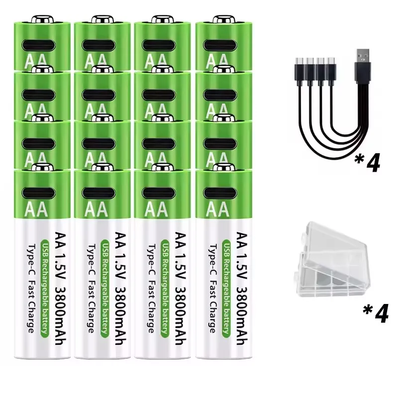 Typ-C-Schnellladung, 1,5 V, 3000/3800 mAh, AA, AAA, wiederaufladbare Li-Ionen-Batterien für Fernbedienung, Maus, Spielzeug, Game-Controller