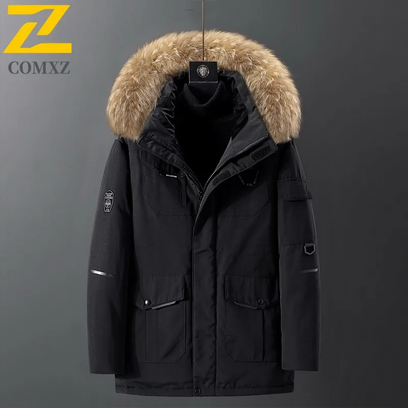 Men Fleece Hooded Waterproof Down Jacket Winter American Style Windproof Parka Thermal Casual Sports Thickened Puffer Outerwear