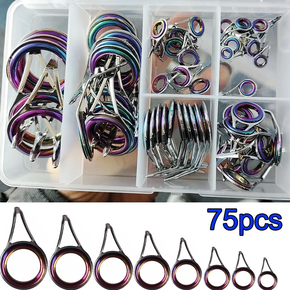 

75pcs Fishing Rod Guides Repair Kit 3.5-23mm Ceramics Ring Telescopic Surf Casting Single Leg Fishing Pole Guide Replacement Set