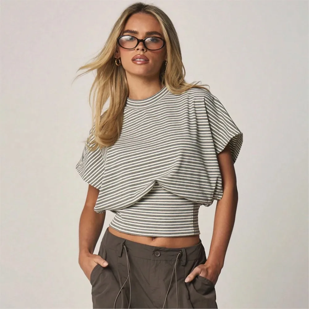 

Fashion T Shirt Tees Blusas Short Sleeve Top Tighten The Waist Striped Casual Women's Clothing All-match Simple Style Round Neck