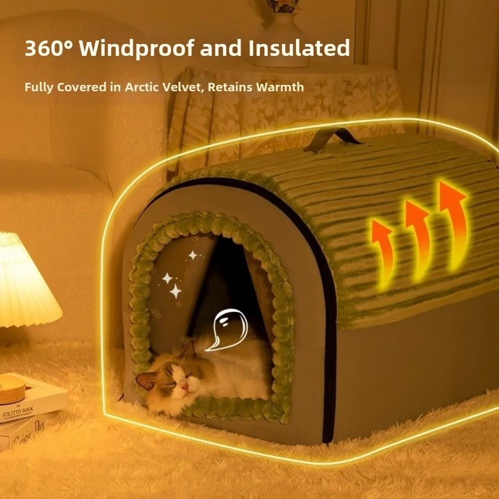 Winter Enclosed Pet House Detachable Soft Dog Bed & Cat Bed Anti-Slip Bottom with Door Curtain Warm Tent For Small Animals view 5