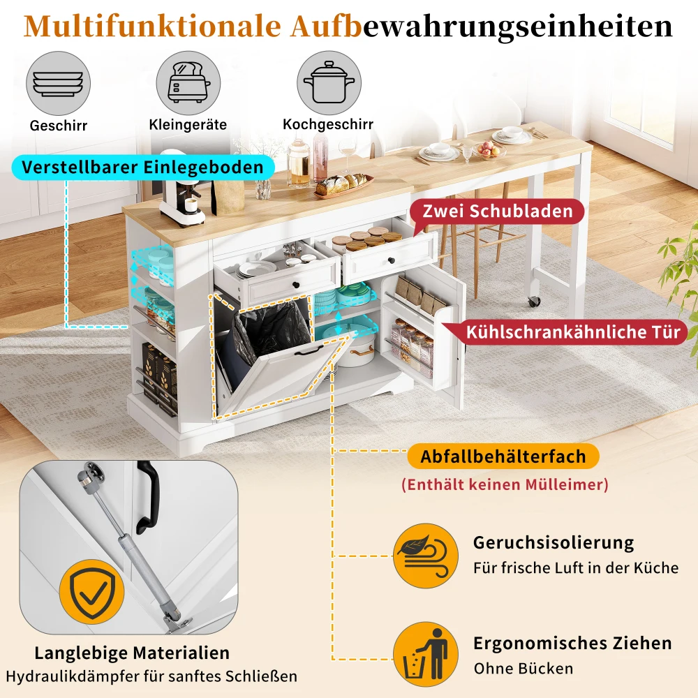 Picture 9: Multifunctional Mobile Kitchen Island on Rollers, Freestanding Extendable Kitchen Island with Pull-out Extractable Dining Surface, Hidden Trash Bin and Multiple Drawers, Practical Rolling Storage Unit for Kitchen & Dining Room