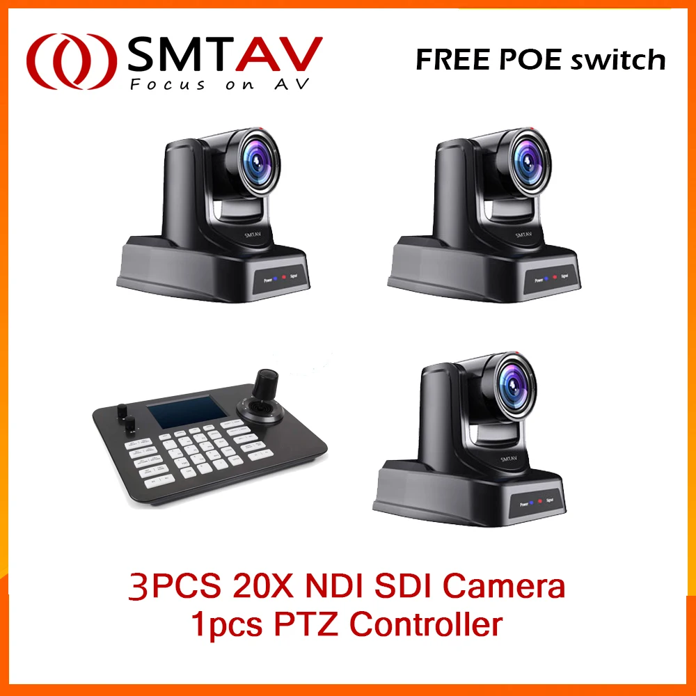 SMTAV Church Broadcasting 3pcs POE NDI PTZ Camera 20X and  1pcs PTZ Camera Controller support ONVIF