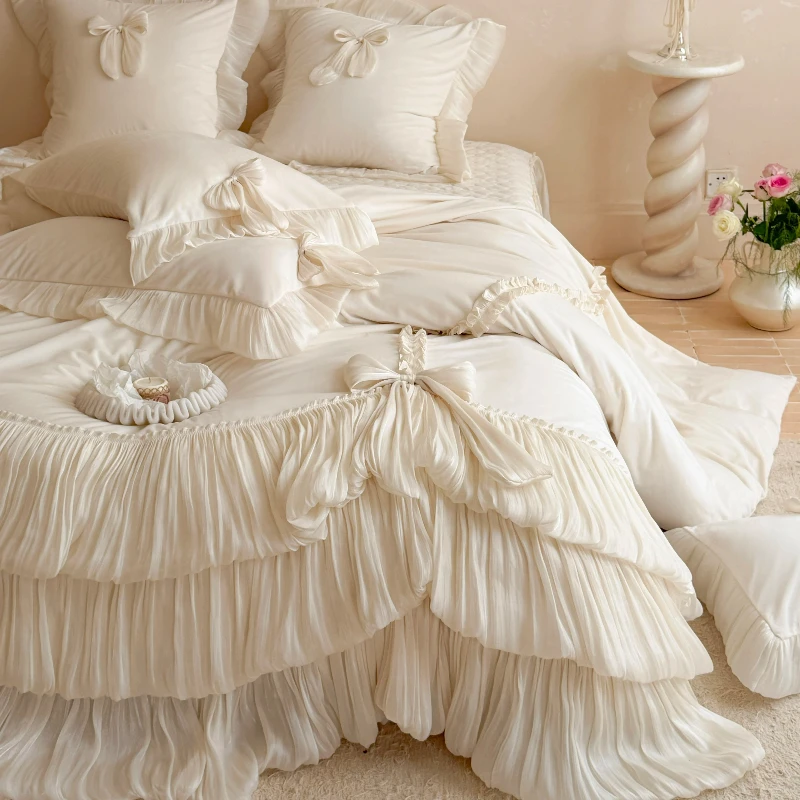 Winter Bedroom Princess Style Thick Velvet 4-piece Milk Velvet Bow Lace Quilt Set Bed Cover Premium Bedding