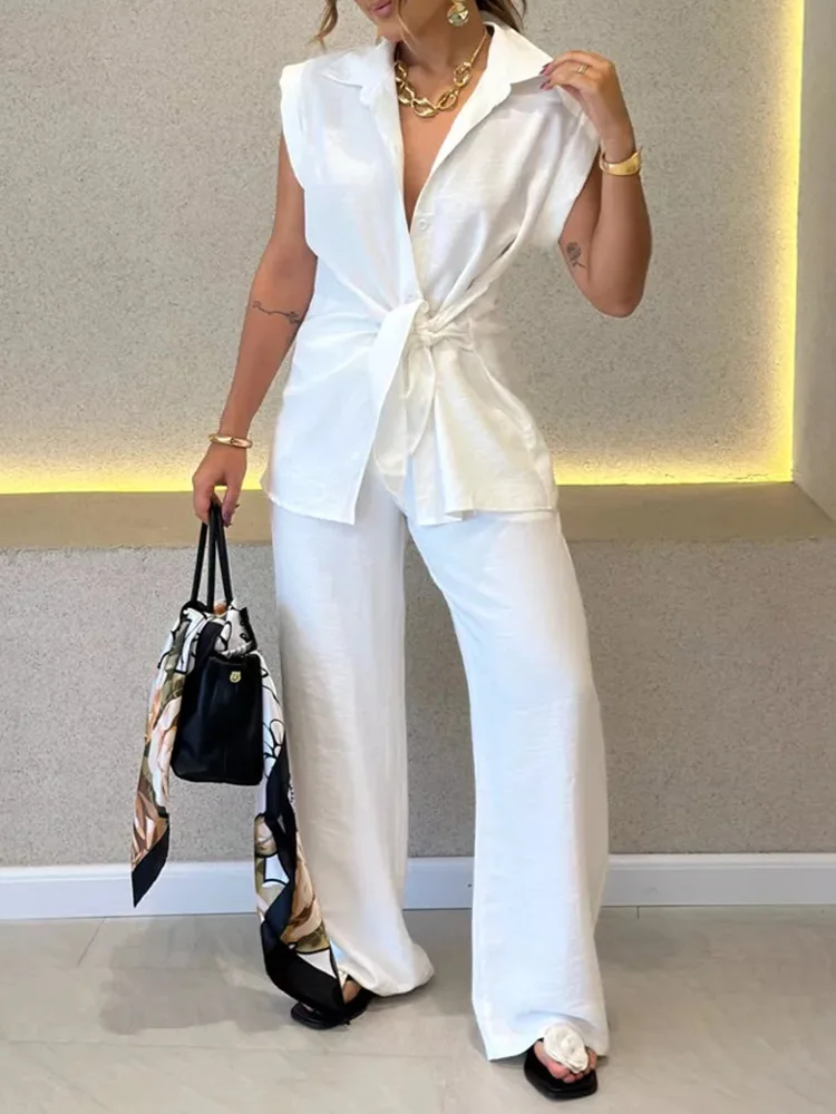 Conjuntos informales de dos piezas para mujer, traje sencillo de vacaciones con cuello vuelto, trajes holgados lisos de moda de manga corta 2025