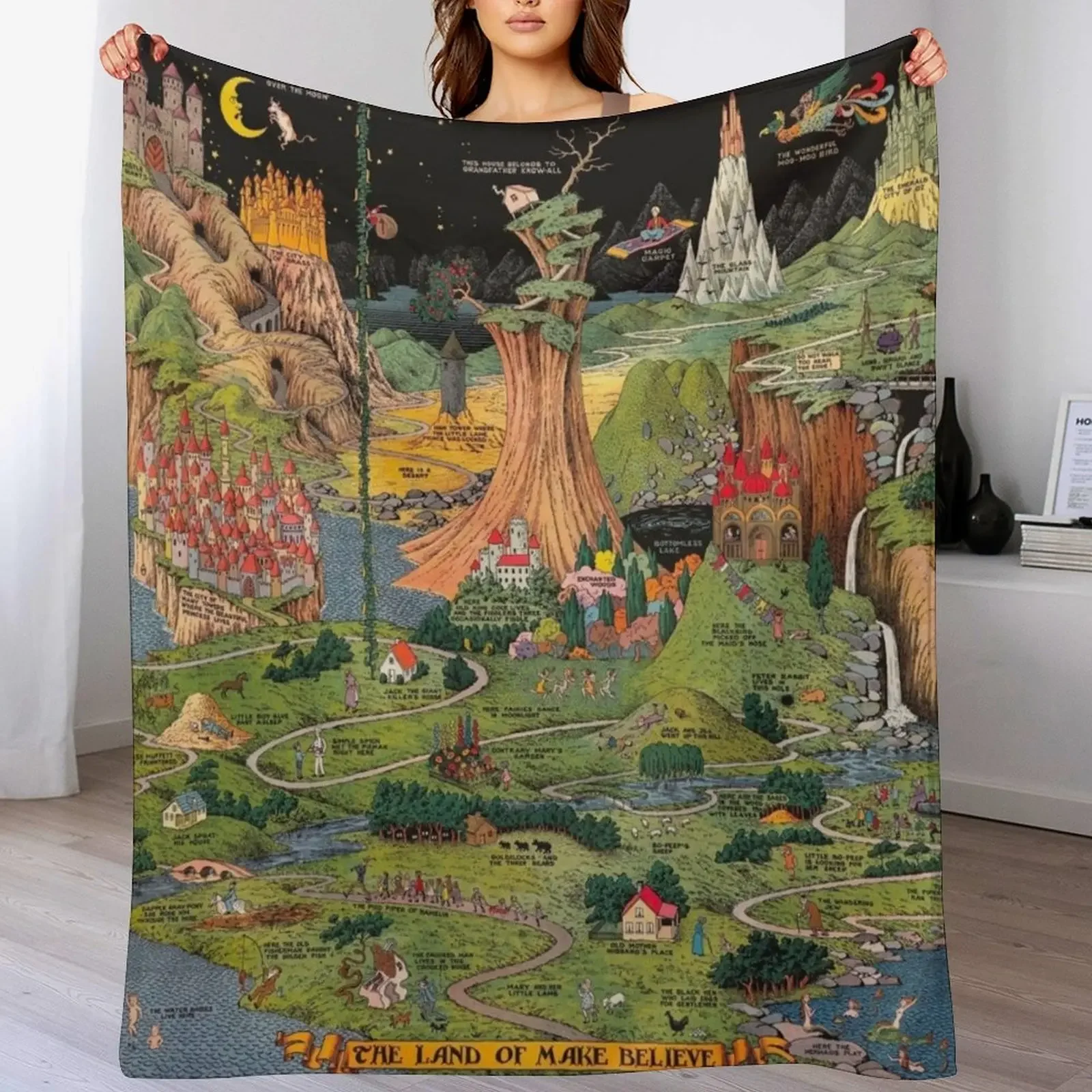 The land of make believe. Published by Jaro Hess 1930 Cornucopia of Fairy Tales Detailed Labeled Map Fun Magical F Throw Blanket