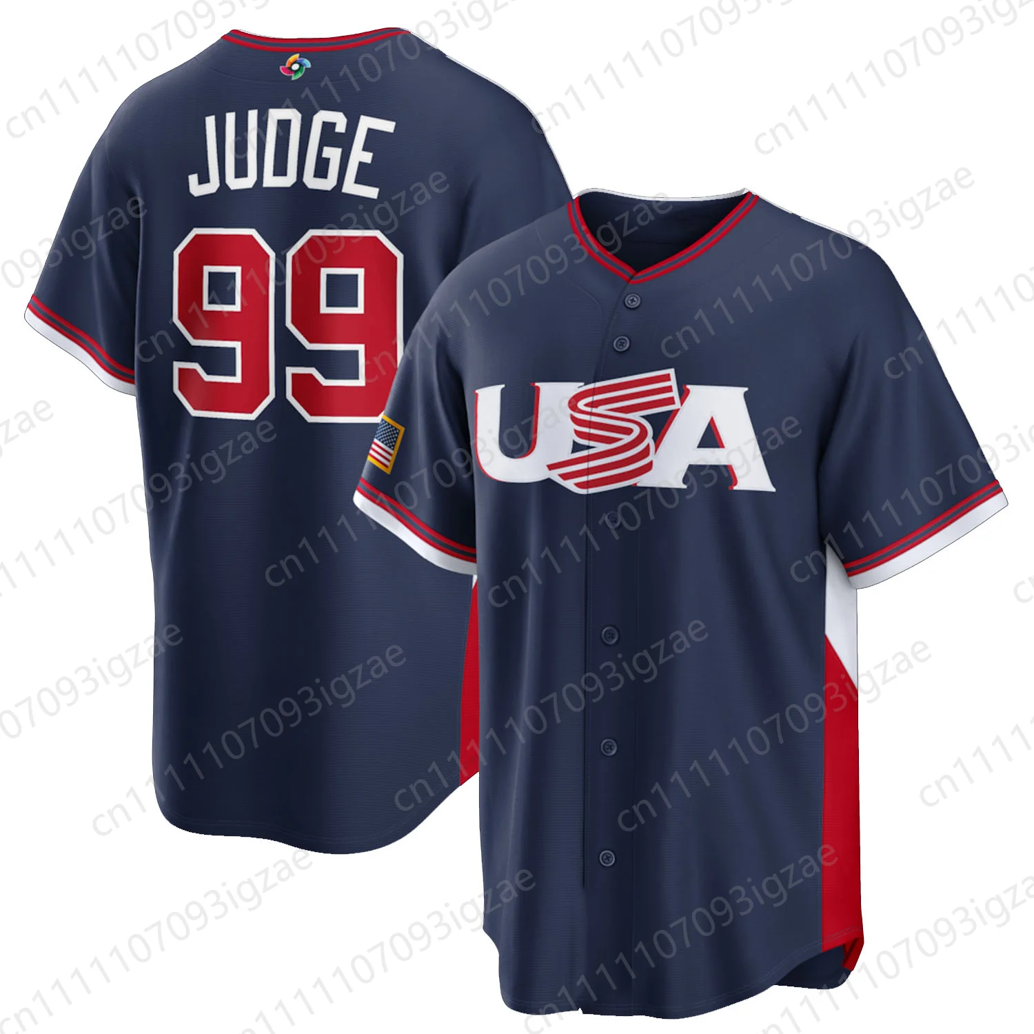 Nova Camisa Esportiva de Beisebol Unissex Clássica da Equipe EUA 2026 Judge 99 Azul Marinho com Botões para Verão