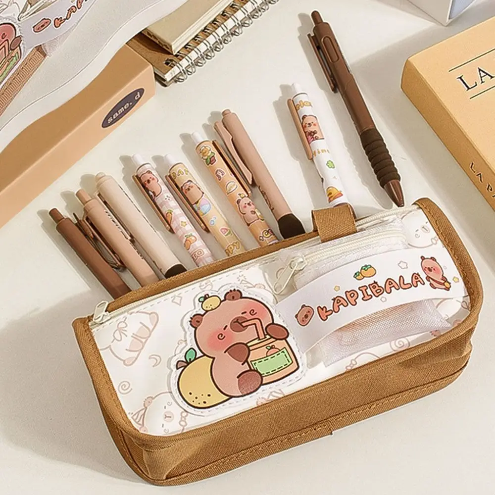 Kawaii Large-capacity Capybara Pencil Case Canvas Zipper Capybara Pen Pouch Storage Box Double-deck Cartoon Pen Bag Children