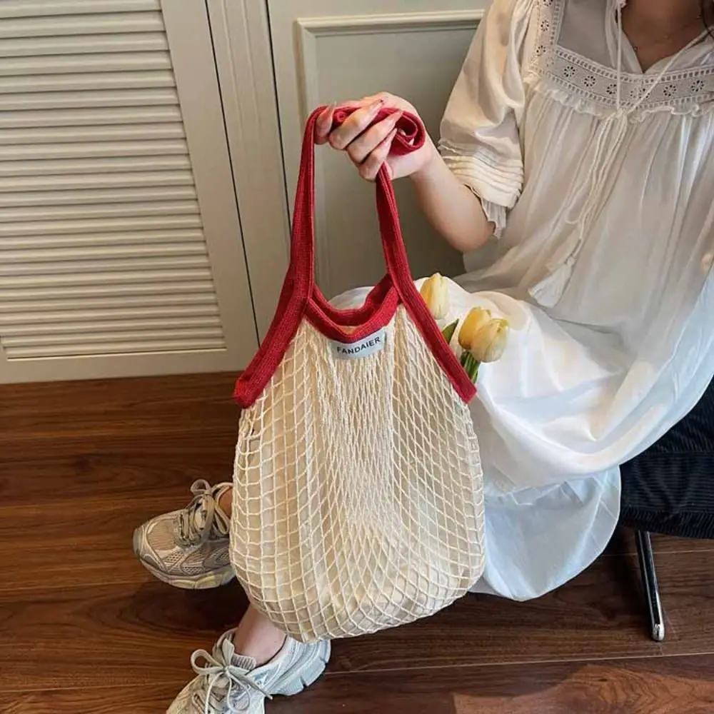 

Polyester Hollow Woven Shoulder Bag Korean Style Large Capacity Mesh Handbags Edge Covering Pockets Summer Beach Tote Bags