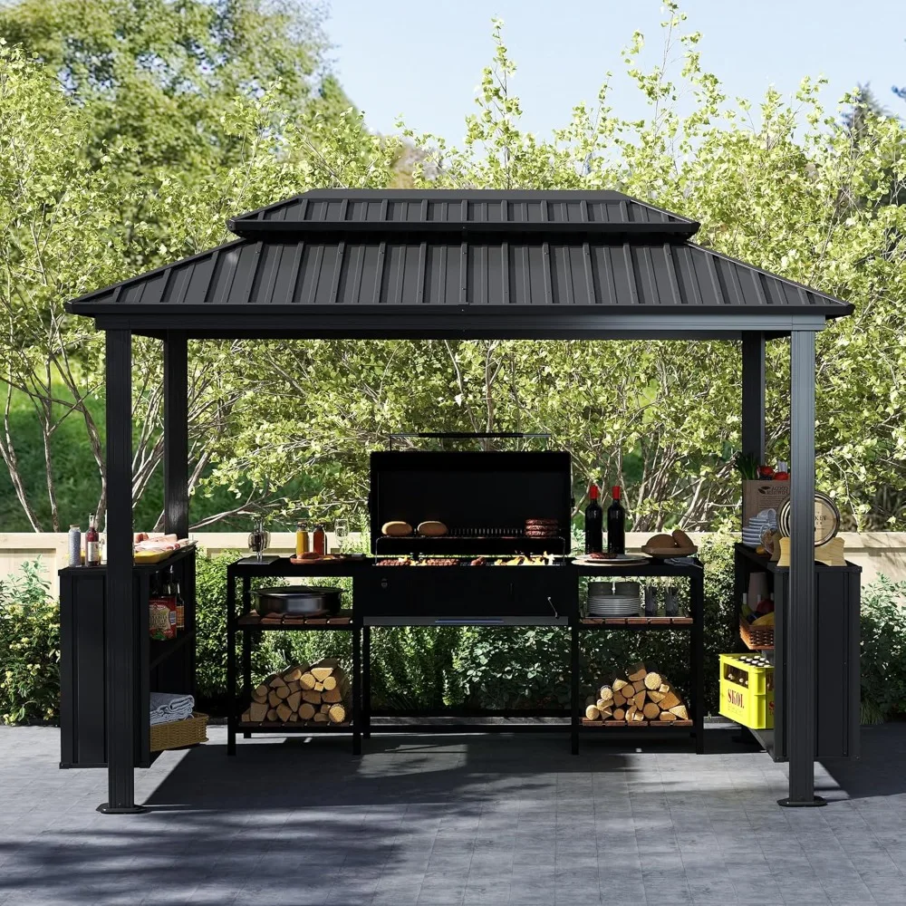 Hardtop Grill Gazebo, Outdoor BBQ Gazebo with Double Galvanized Steel Roof, Patio Grill Canopy with 2 Storage Cabine