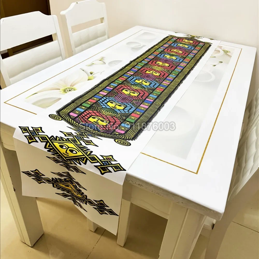 Double Stripe Printing Bohomian Traditional Art Eritrean Ethiopian Table Runner Wedding Tablecloth for Dining Coffee Kitchen