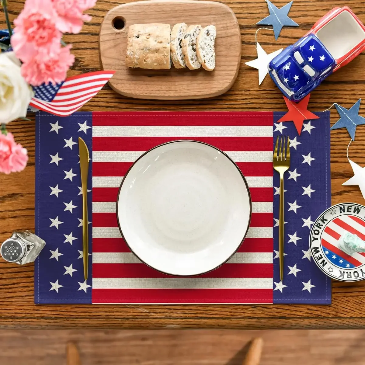 Watercolor Stripes and Stars 4th of July Placemats Set of 4, 12 x 18 Inch Patriotic Memorial Day Seasonal Holiday Table Mats