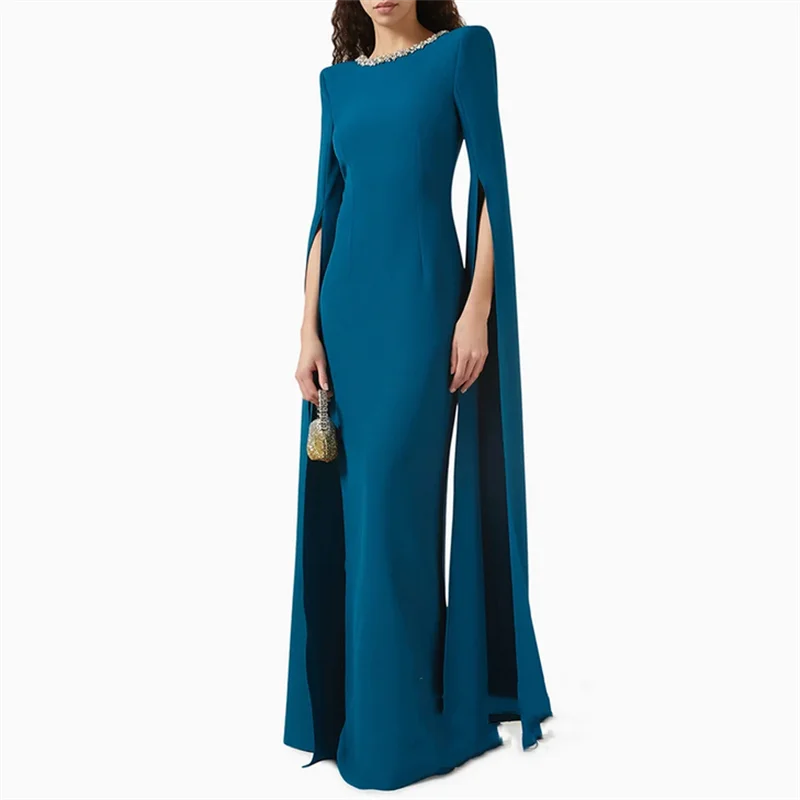 مناسبة خاصة فستان سهرة عربي أنيق مخصص برقبة دائرية وأكمام طويلة كريستالية مستقيمة للحفلات الراقصة